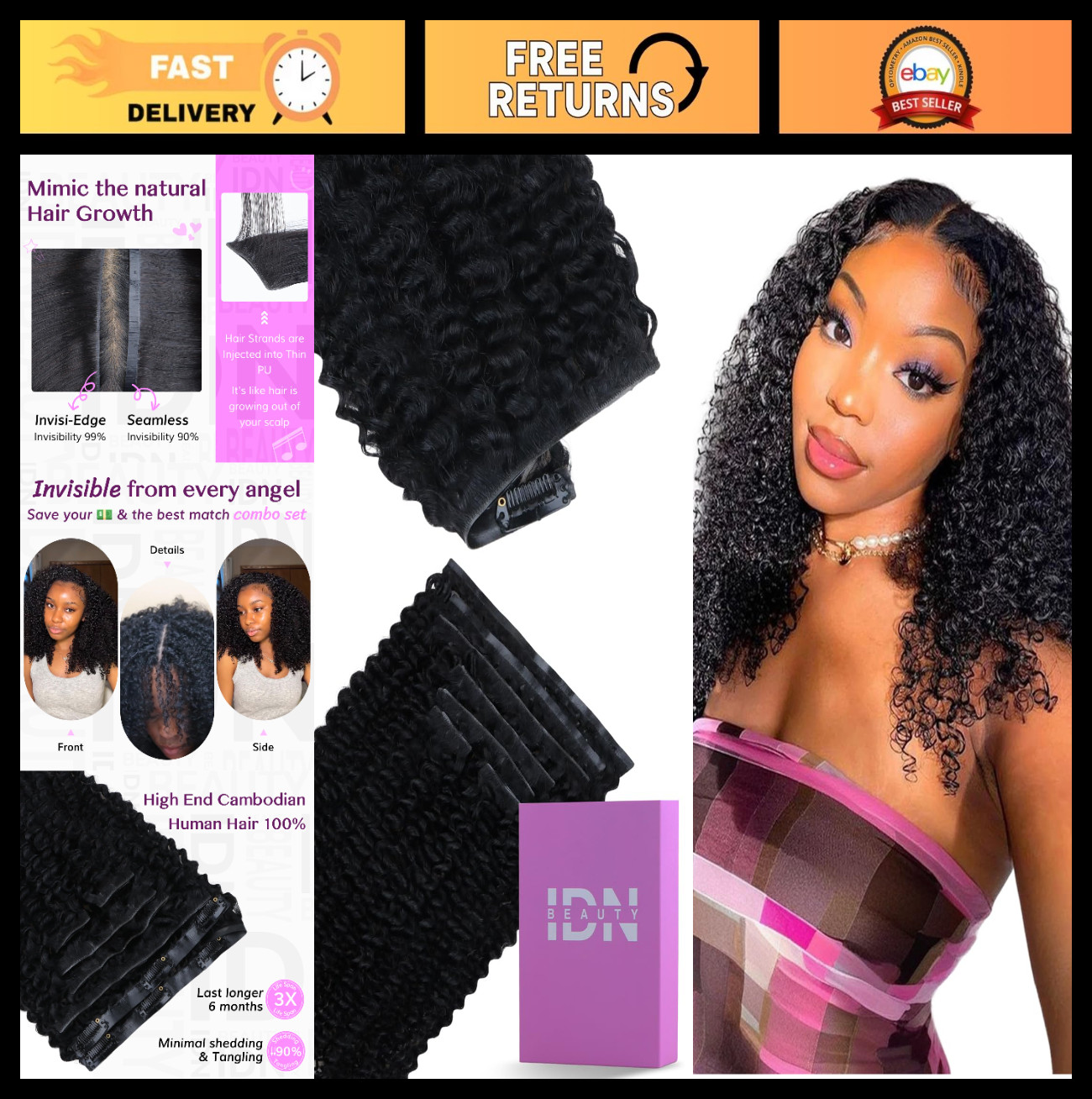Invisible Edge Seamless Clip-in Hair Extensions, 14″ Kinky Curly, 110g, 7pcs for