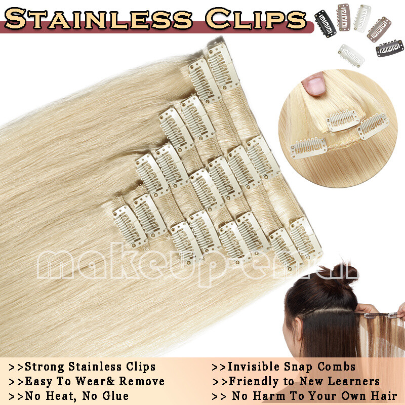 Smooth 8Pieces Clip In Human Remy Hair Extensions 100% Real Full Head Blonde USA