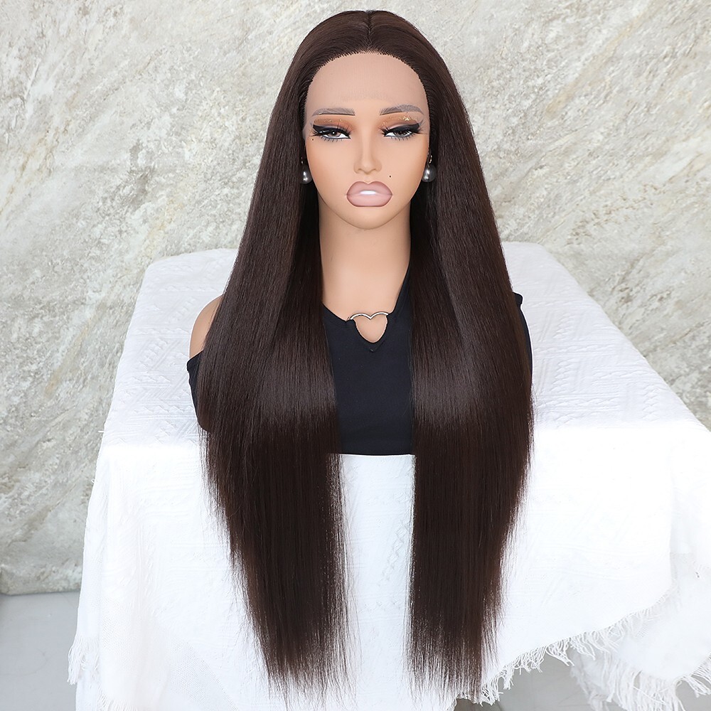 Lace Front Wig Hand Tied Long Straight #4 Dark Brown Heat Resistant Hair Natural