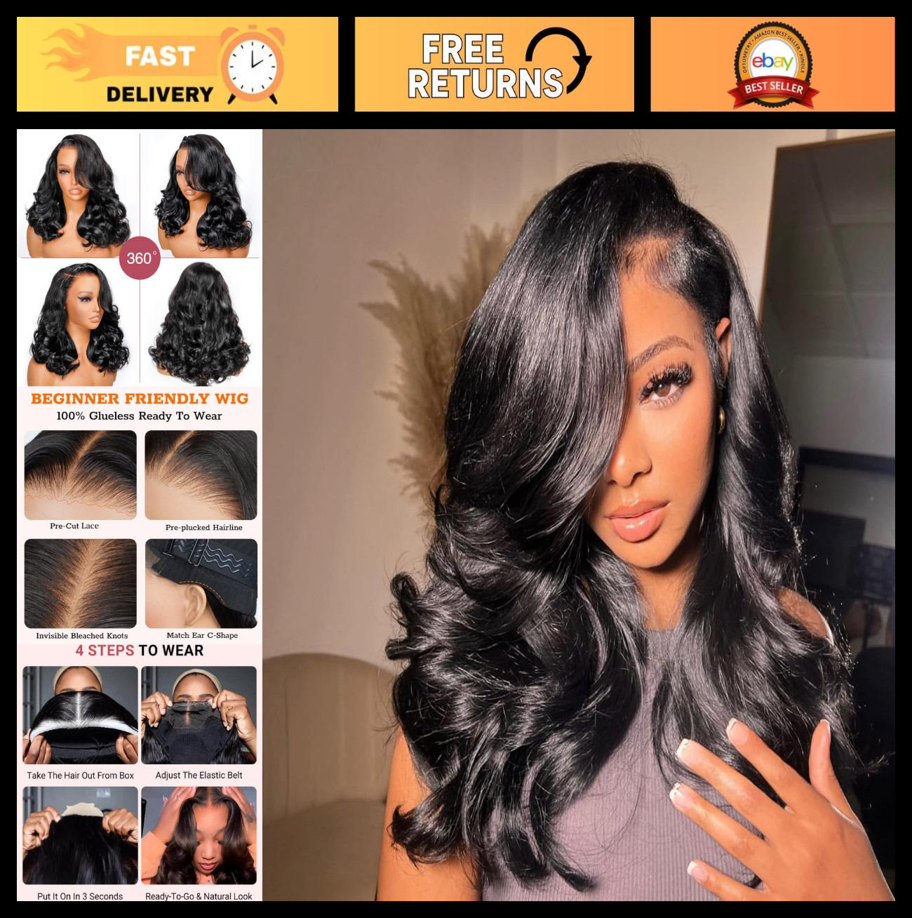 250 Density Body Wave Lace Front Wig, 16″ Glueless Human Hair, Pre-Plucked, Side