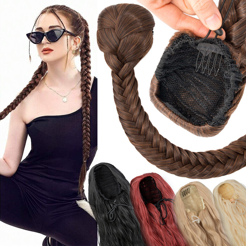 Long Braids Ponytail Drawstring Straight Body Wave Hair Extension Real As Human