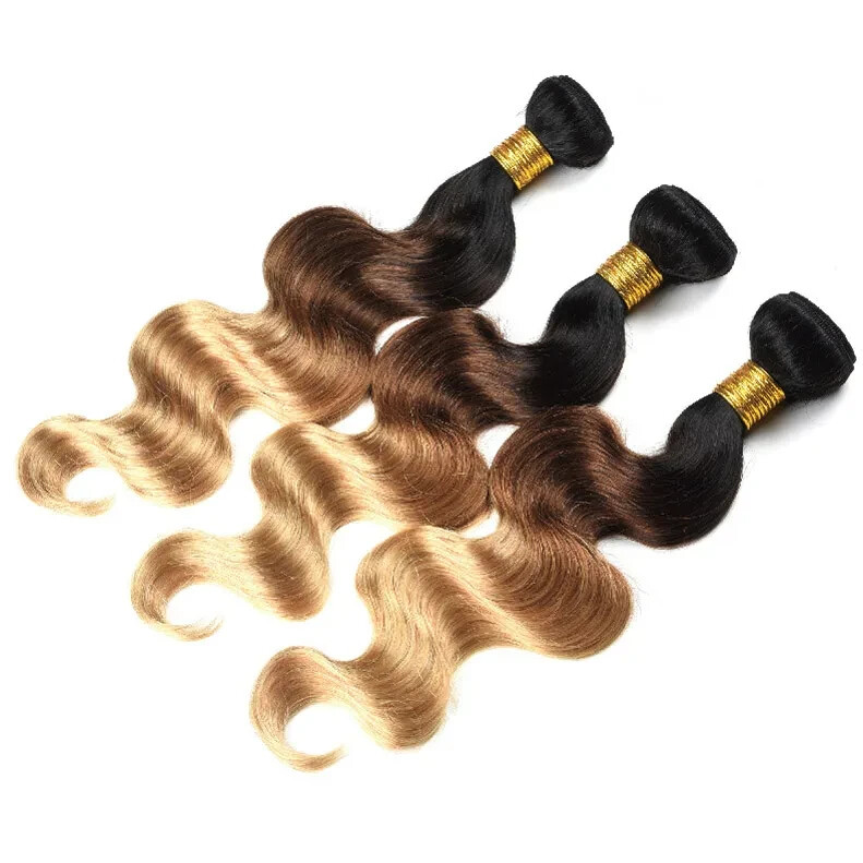 12A BRAZILIAN VIRGIN HUMAN HAIR 1B#/4#/27# 3TONES OMBRE 16+18+20INCH BODY WAVES
