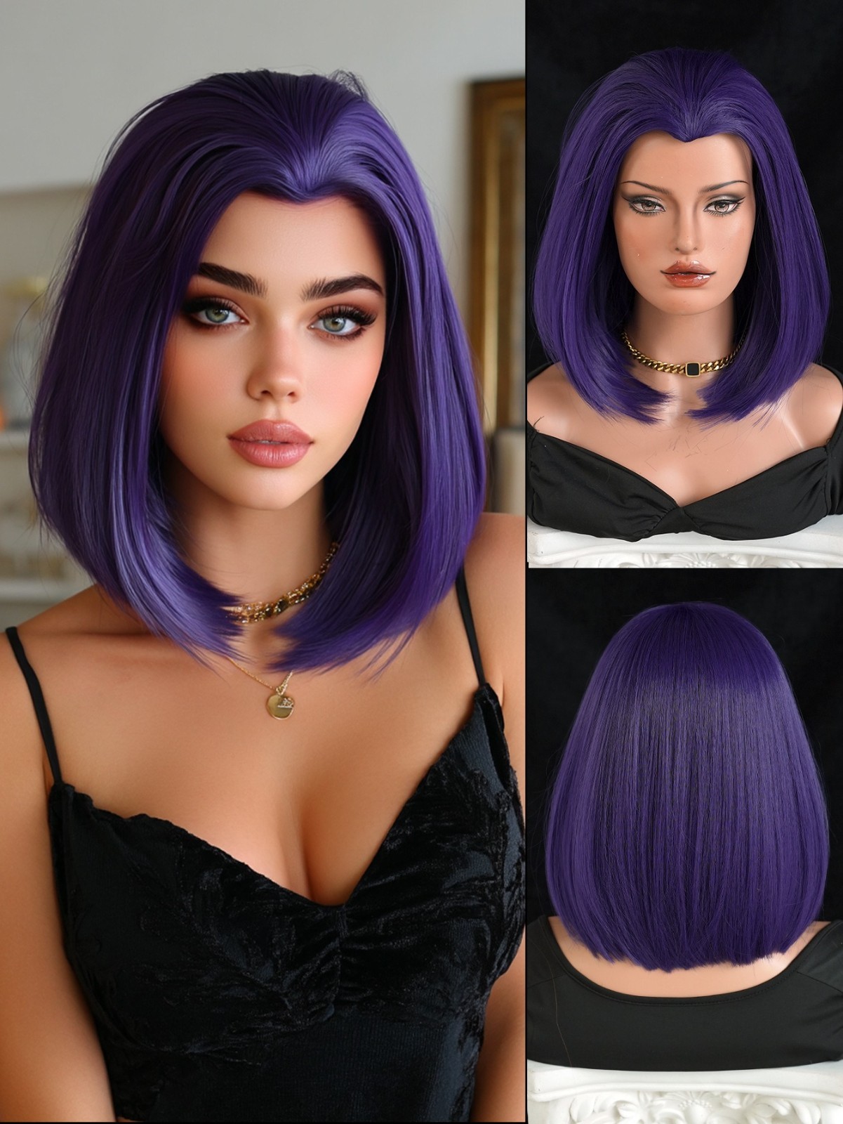 Wig girl with purple short straight hair wearing dark magic girl outfit with wig