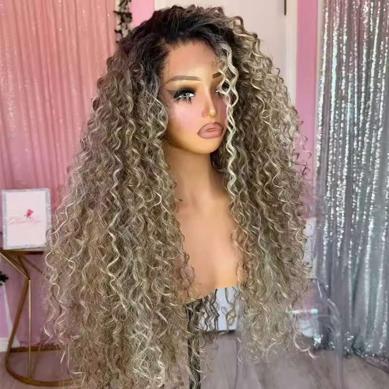 22 INCH Curly Wave Wig Ombre Ash Blonde Lace Front 100% Human Hair Wigs