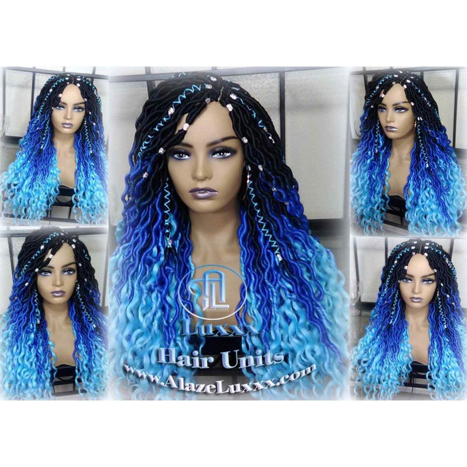 Blue Ombre Goddess Faux Locs Dreadlock Wig Mermaid curly boho bohemian