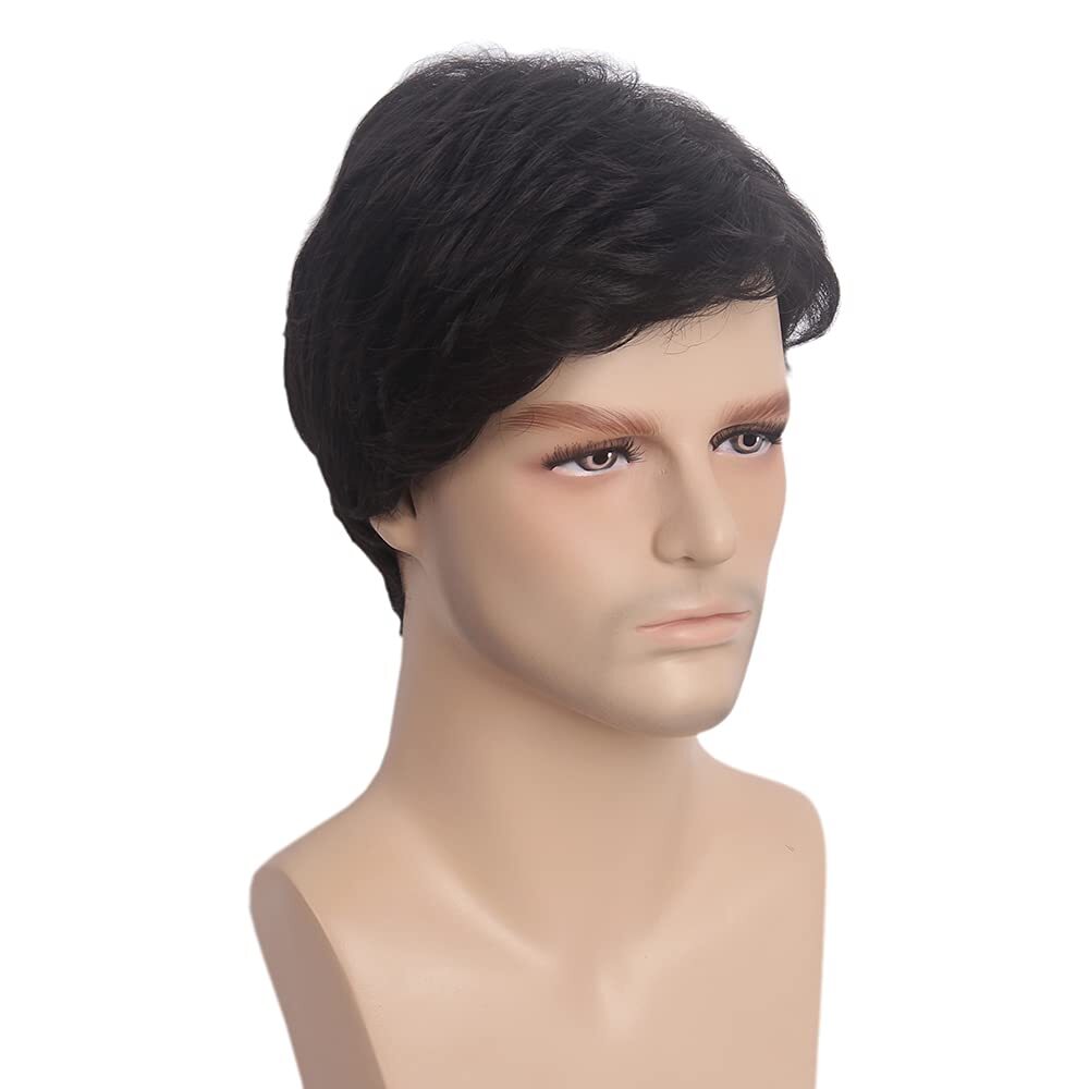 Men’s Black Men Wig Short Full Wigs Little Wavy Synthetic Straight Hair Daily US