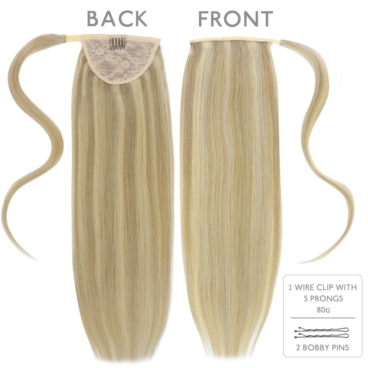 WENNALIFE 16″ 80g Remy Human Hair Ponytail Extension Light Golden Blonde Highlig