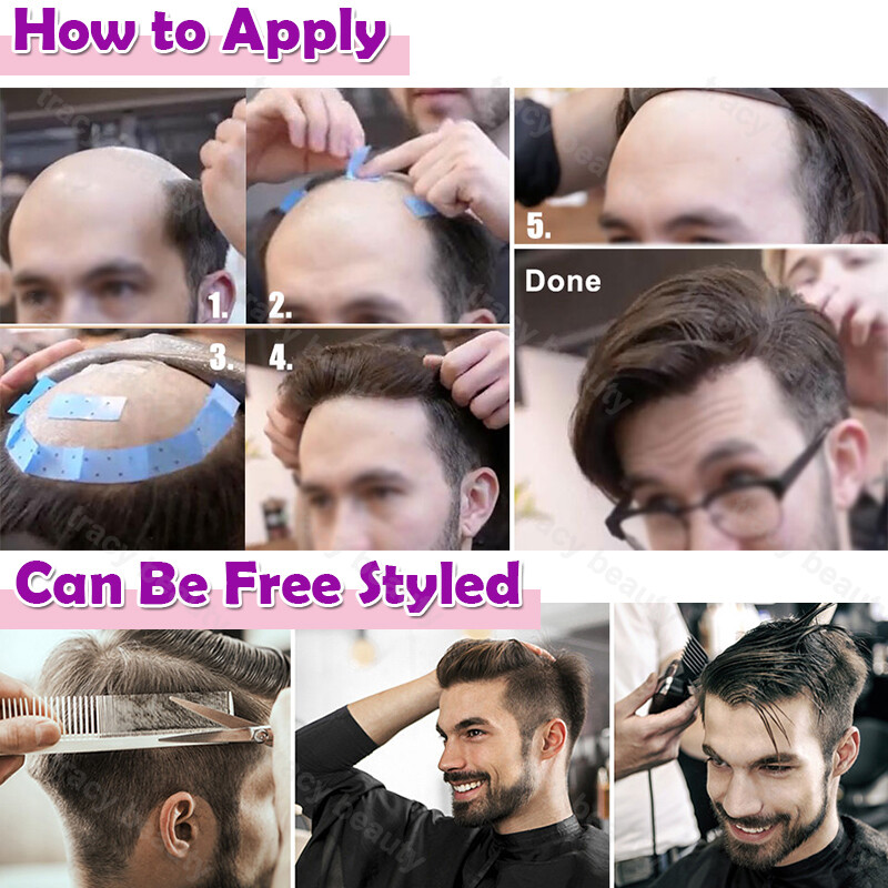 Full Poly Skin Mens Toupee PU Remy Human Hair System Replacement Wigs for Men US