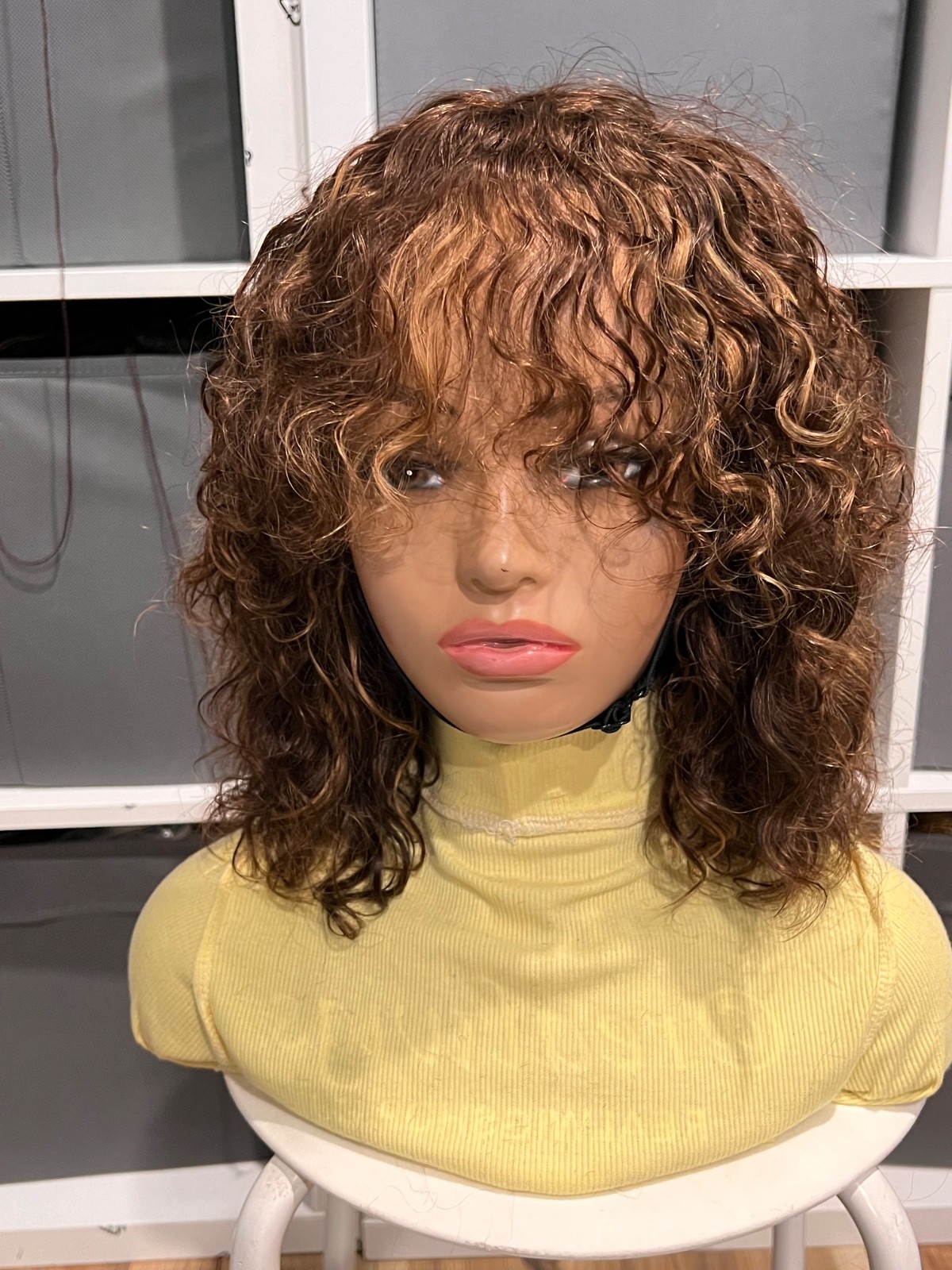 Human hair bang blondish curly wig. Ready to ship.