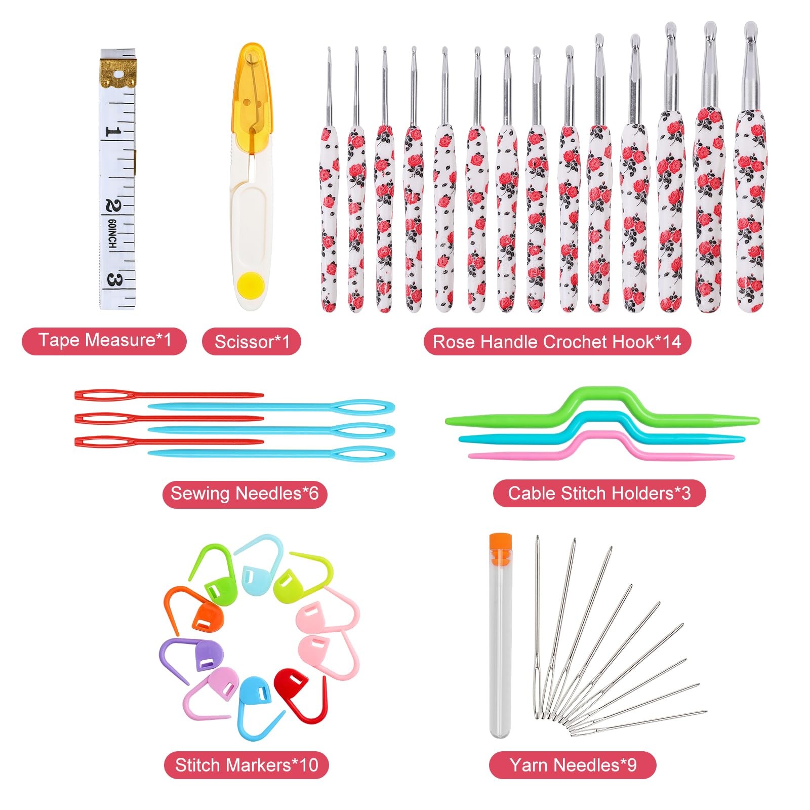 Looen Crochet Hooks Set, 14 Sizes 2.25mm(B)-10mm(N) 2.25mm to 10.0mm, Pink