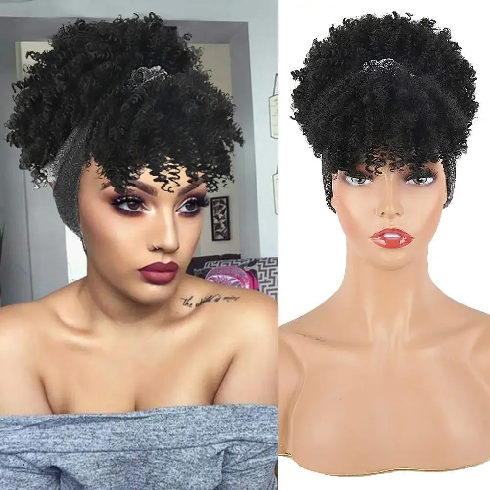 Black Soft Synthetic Short African Curly Wig For Women Headwrap fake Hair Strap