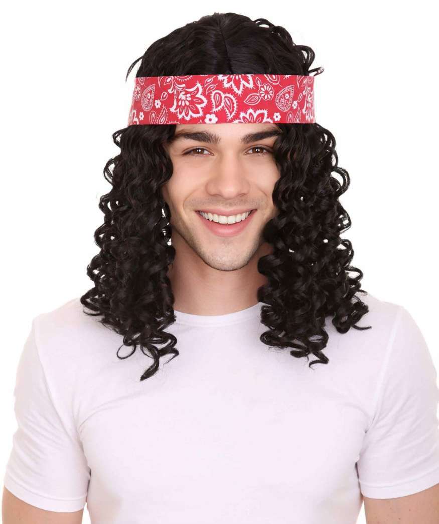 Men Cosplay Party Rock Star Black Wavy Curly Wig Headband Bandana Costume HM-036
