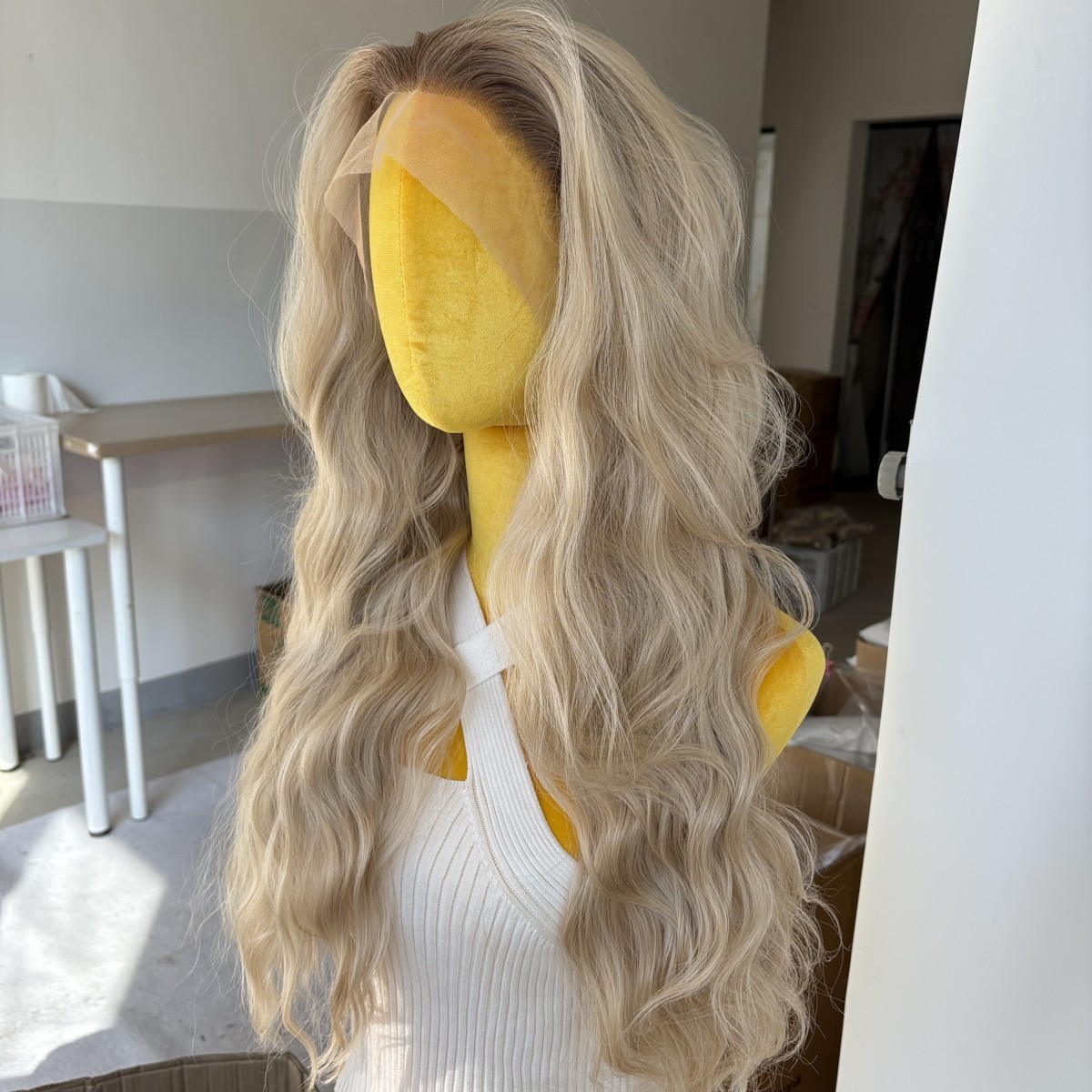 Soft Ombre Blonde Long Wavy Synthetic Hair Heat Resistant Frontal Lace Wig