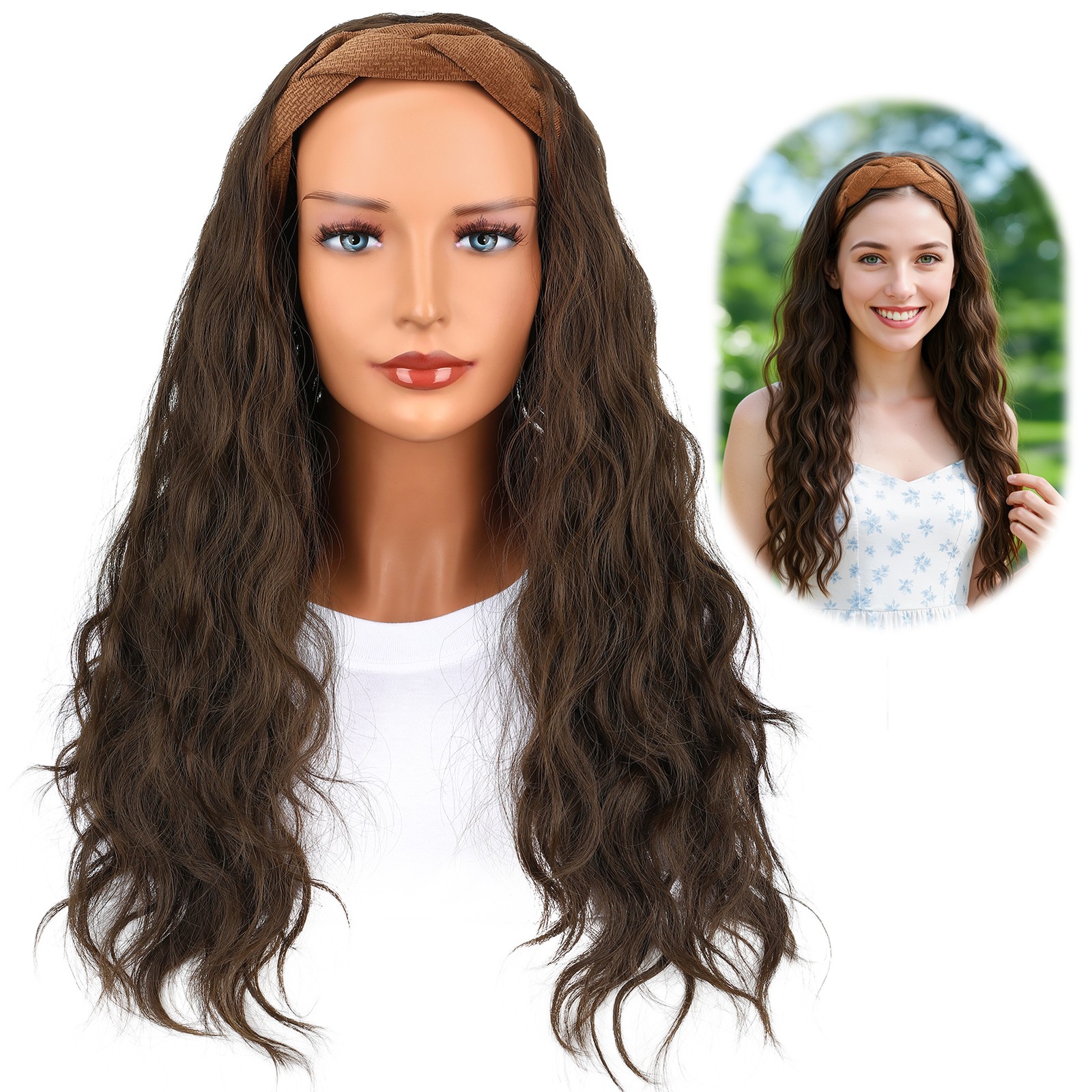 Realistic Headband Wig Hair Topper Long Curly High Crown 24 Inch Half Wig Style