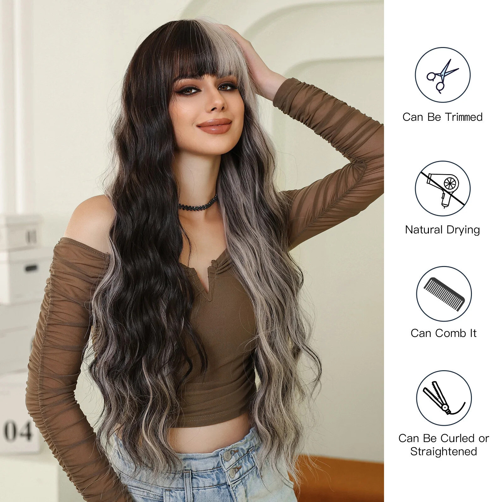 Black Brown Gray Long Curly Synthetic Water Wave Hair Wigs with Bangs for Women