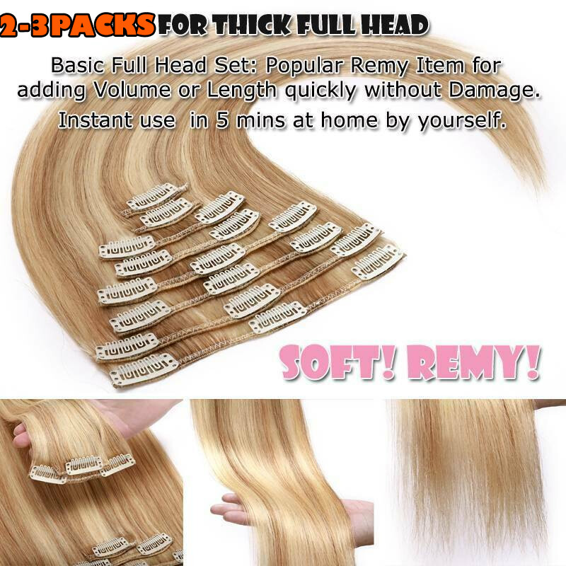 Multi/Color 100% Real Human Hair Clip In Remy Hair Extensions Full Head 8 Pieces