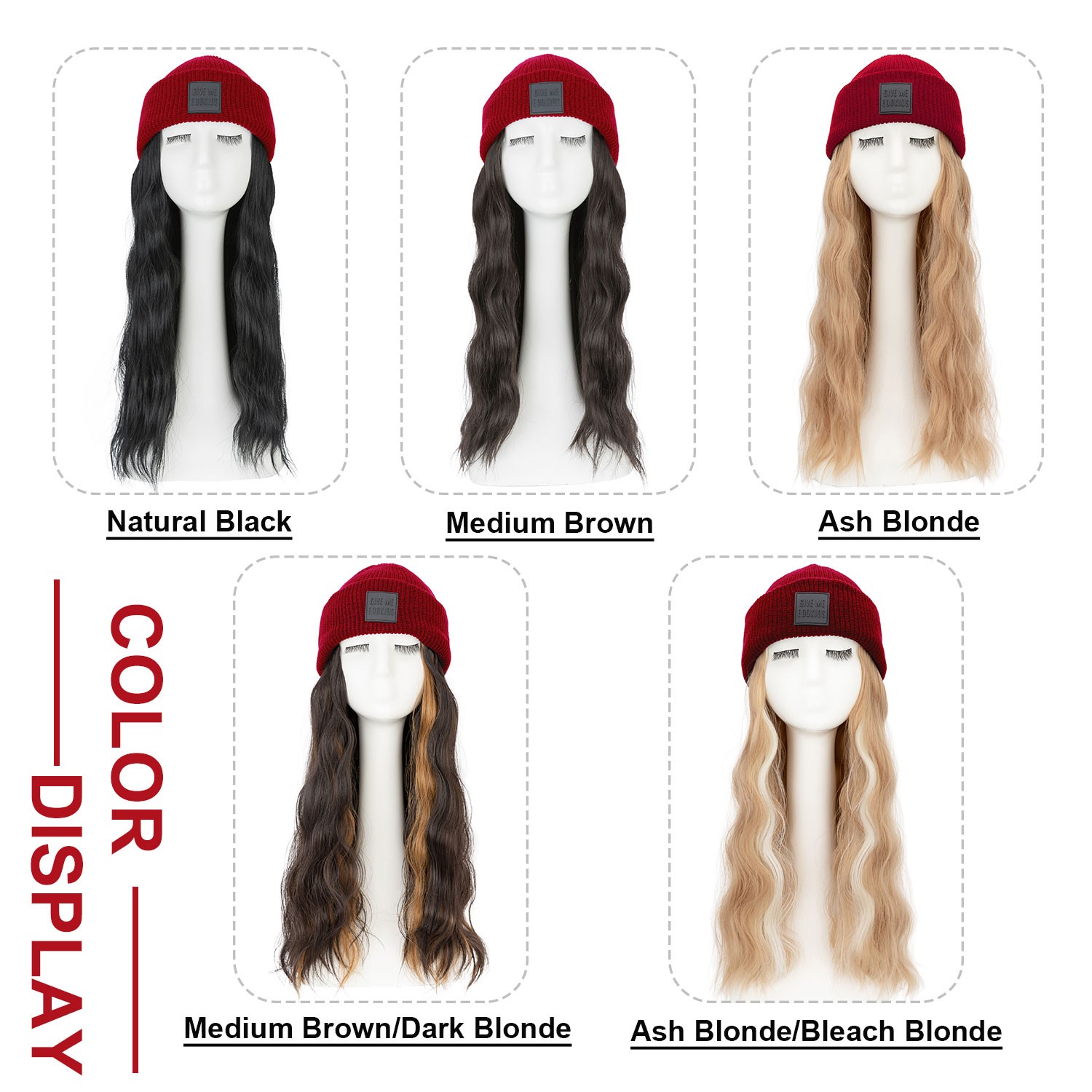 Winter Synthetic Women Long Wavy Beanie Knitted Hat Wig with Synthetic Hair Wigs