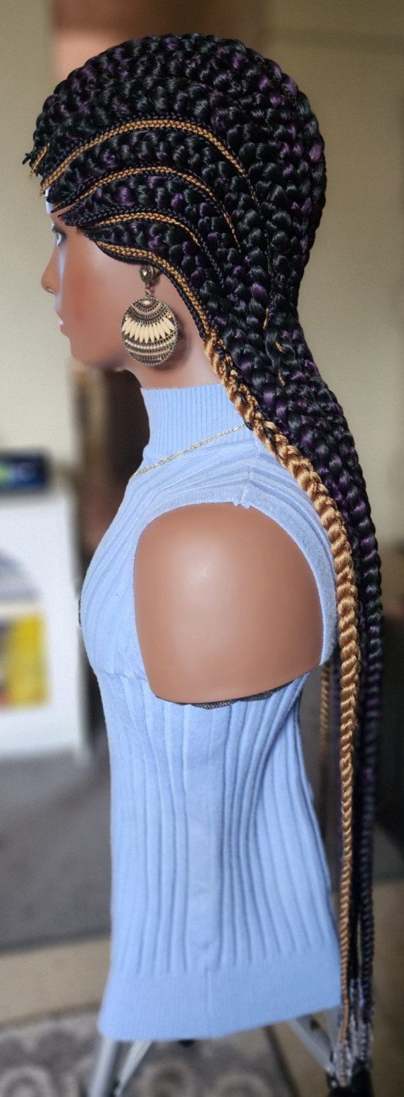 Fully hand braided Ghana banana cornrows wig All back down 1B mix dark purple/27