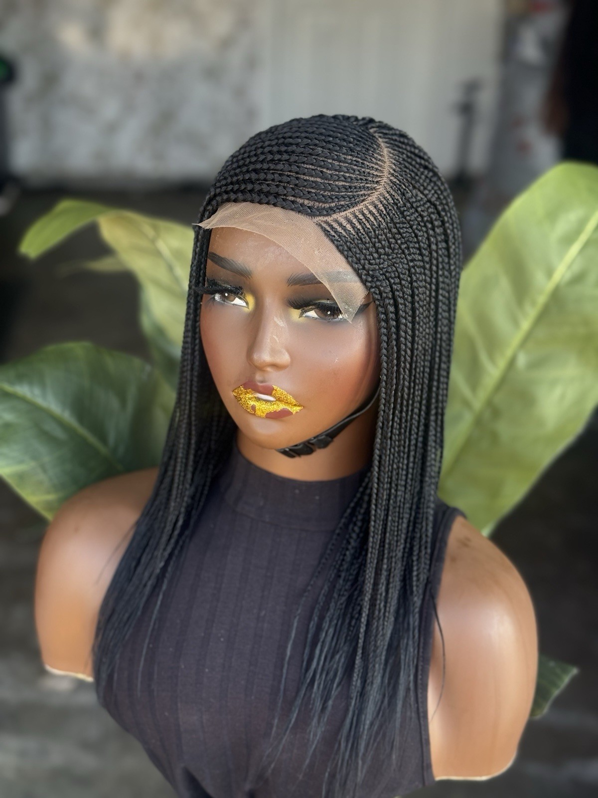 Braided Lace Front Black Wig Straight c-cut for Women Synthetic Medium 10inches