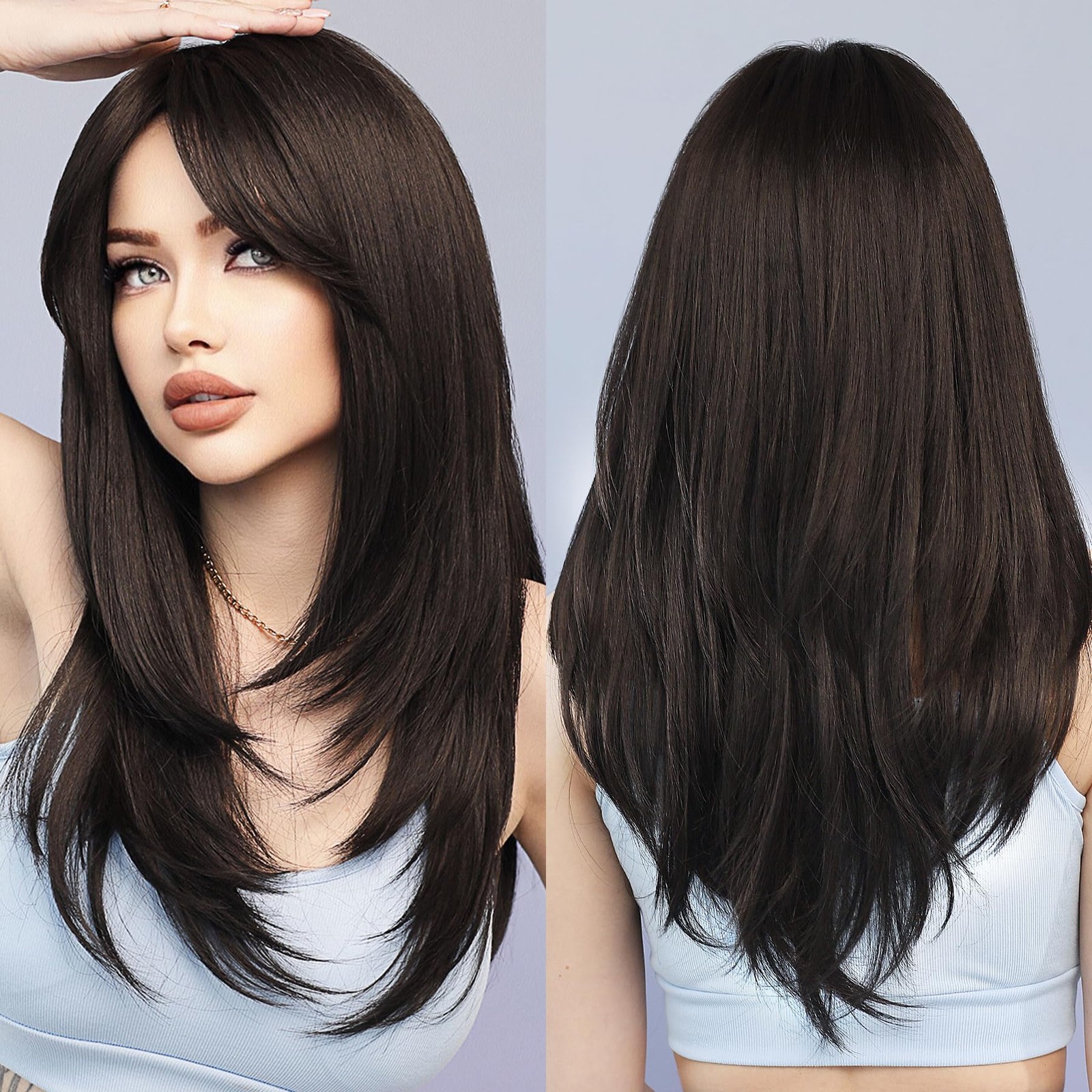 Long Natural Black Wig with Bangs Straight Wigs for Women,Heat Resistant Laye…