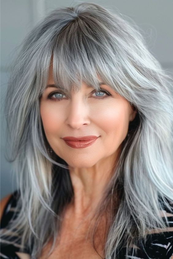 Silver Gray Layered Cut Wigs with Bangs 100% Human Hair 13×4 Lace Wig