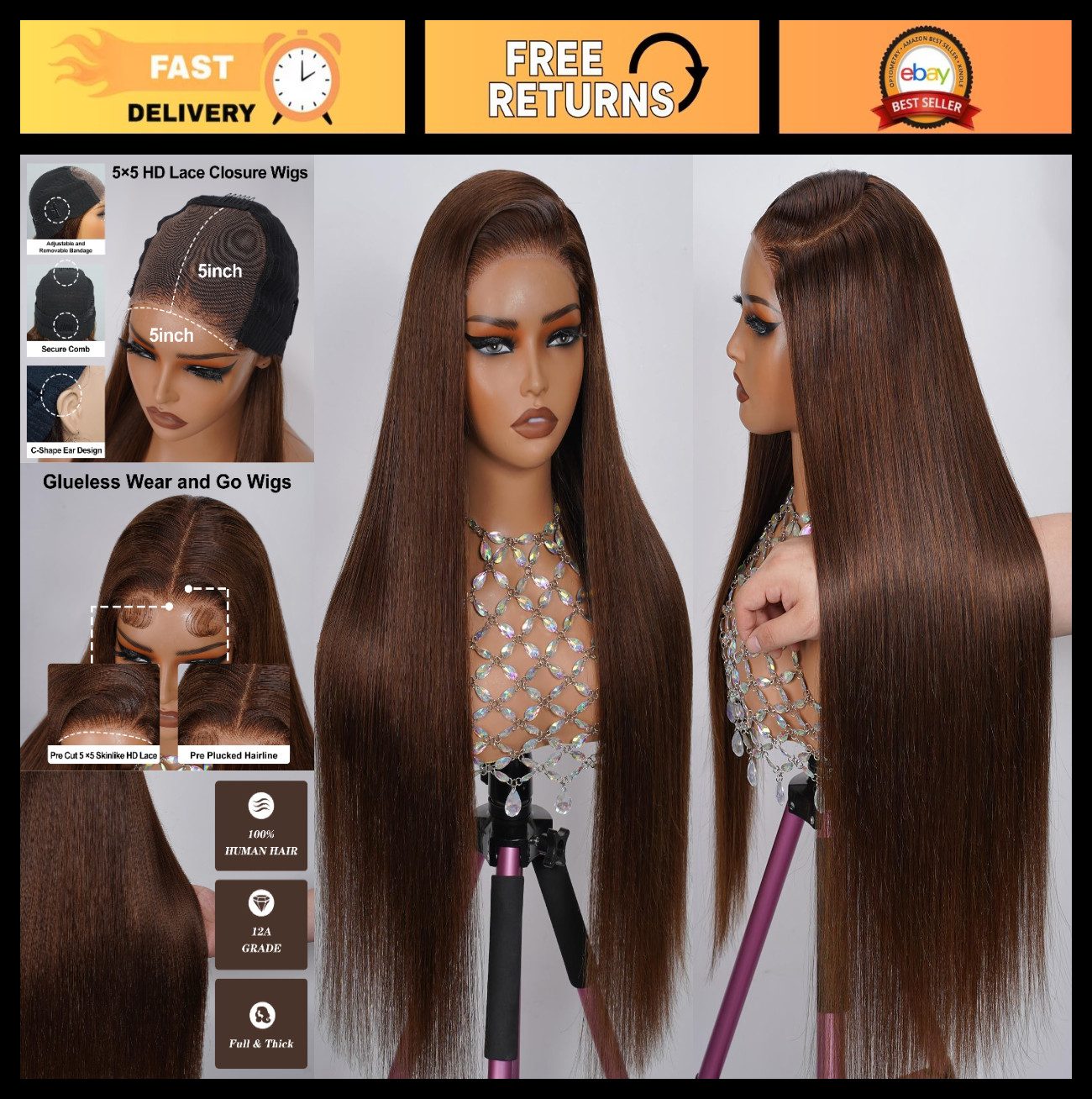 26 Inch Glueless Lace Front Wig – 200% Density Straight Chocolate Brown, Pre Plu