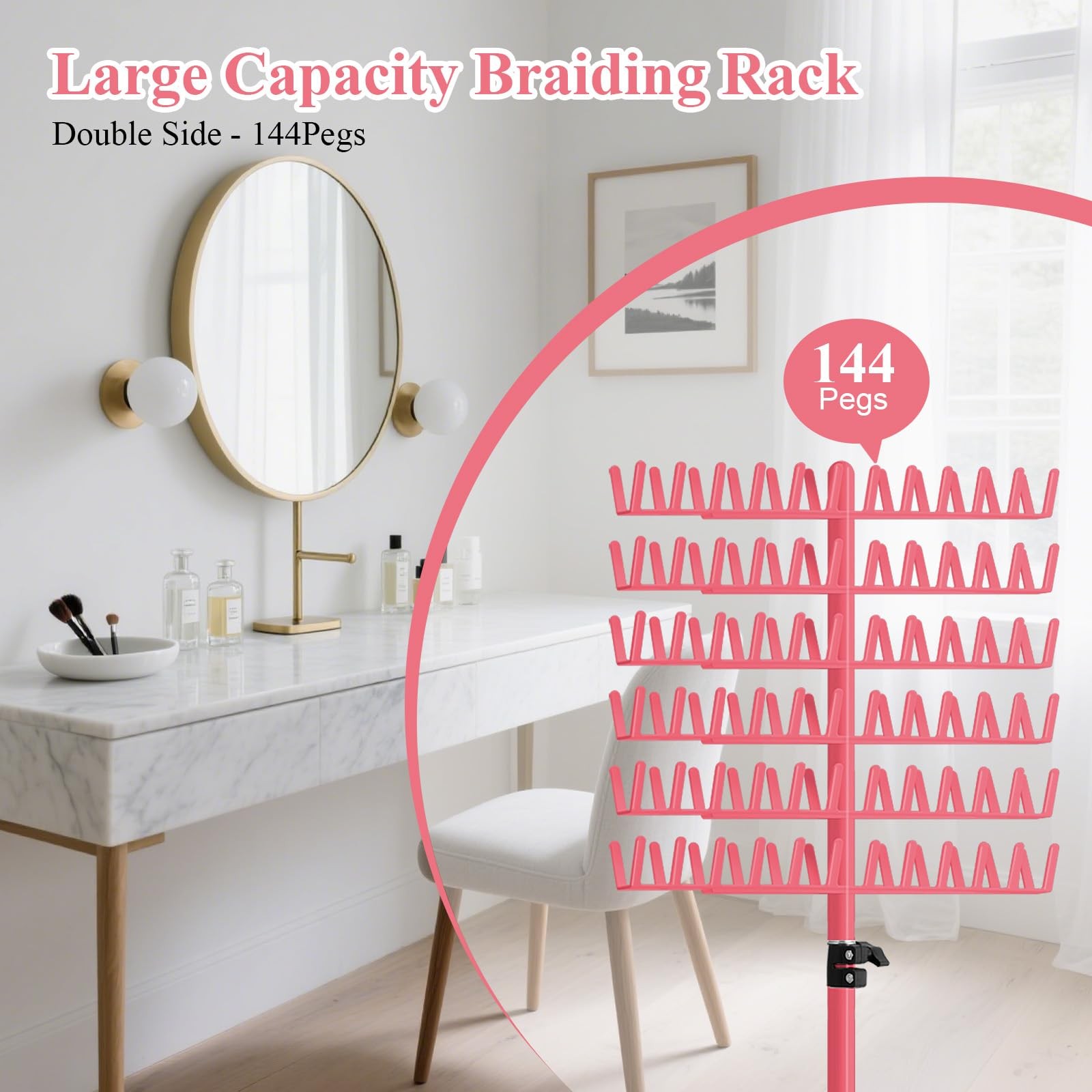 LPHGFZA Braiding Hair Rack, 144 Pegs Braiding Rack Stand for Hair, 2-sided