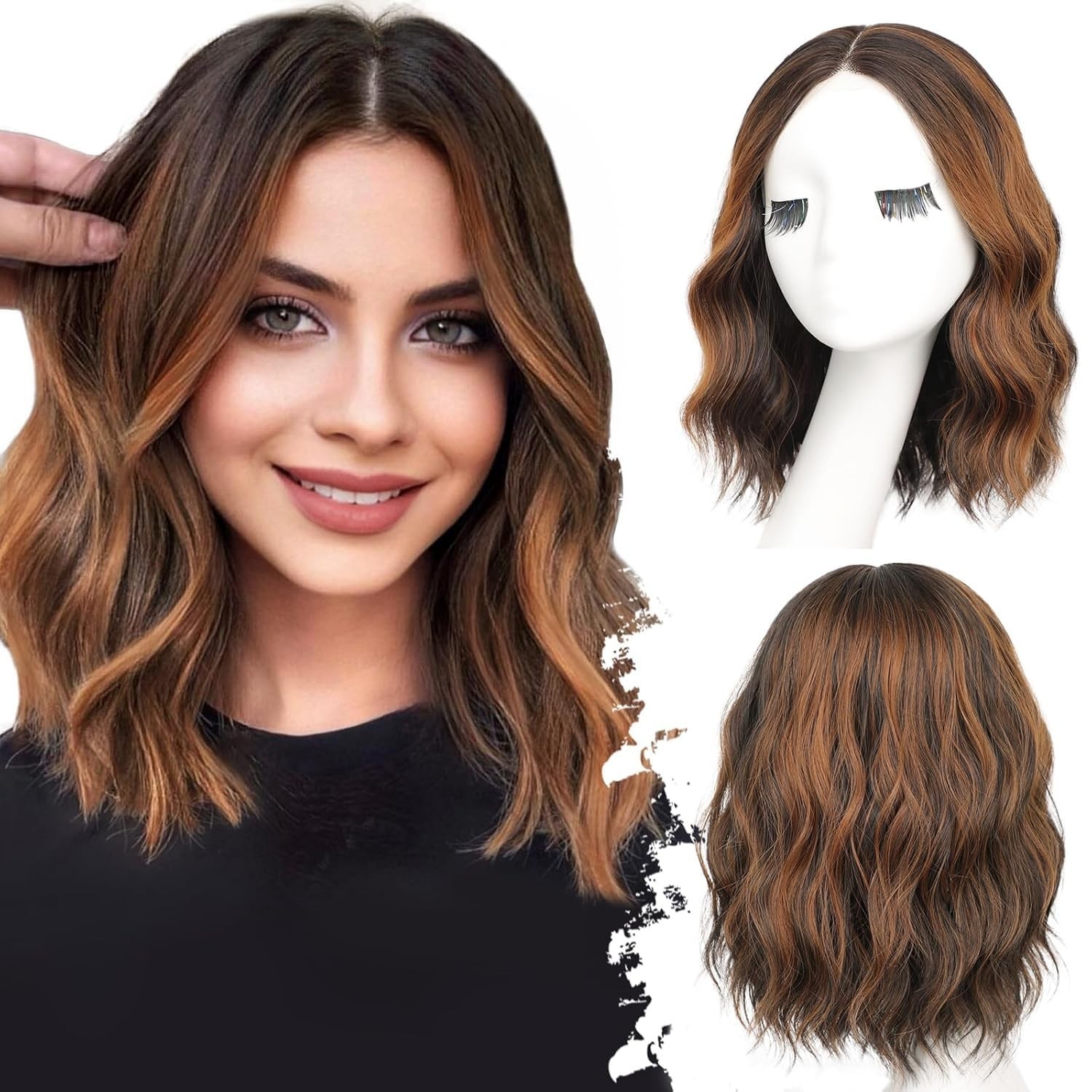 Dark Brown Mixed Chestnut Short Wavy Hair 14in Natural Premium Wig