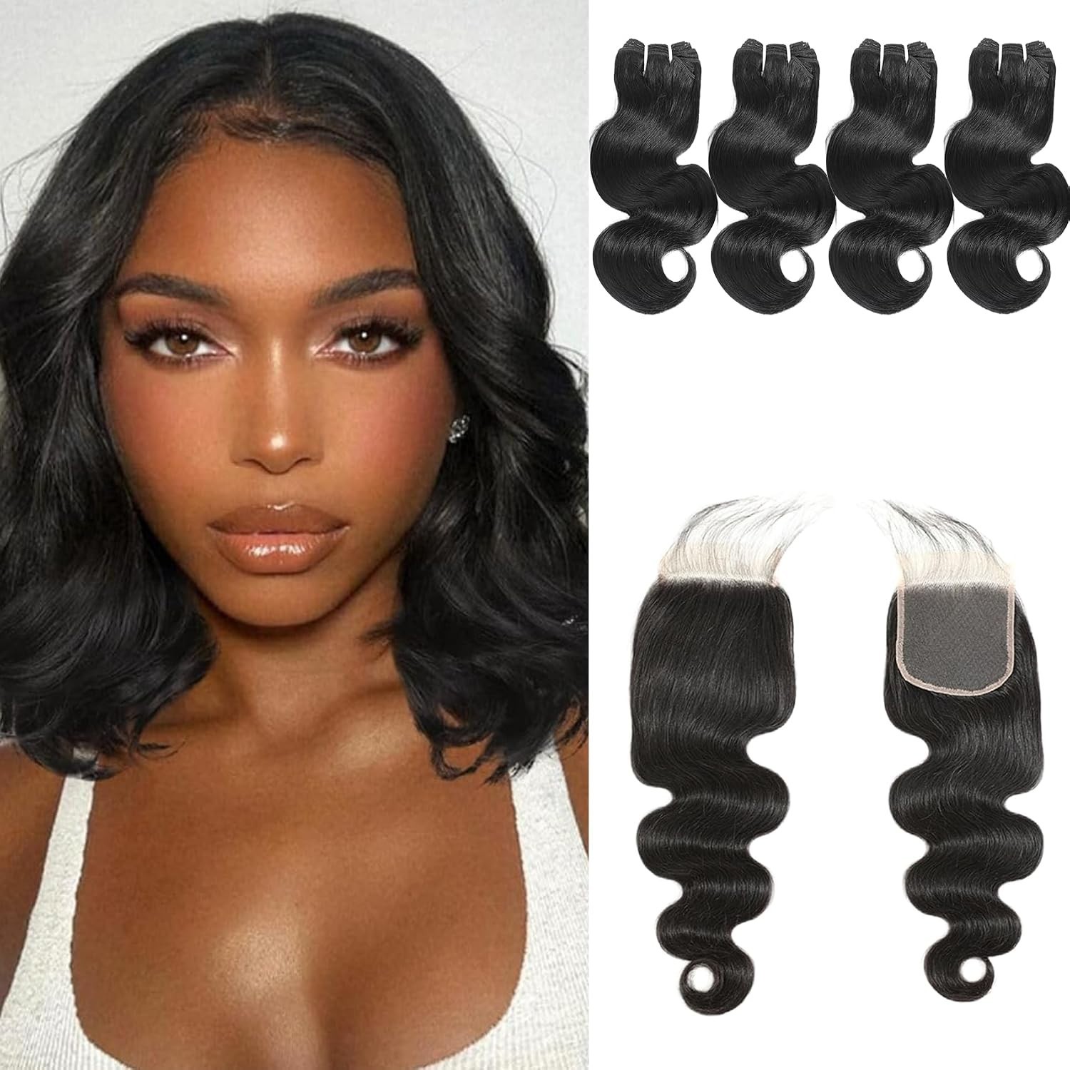 Natural Black Body Wave Human Hair Bundles with 10 Inch Closure for Quick Weaves