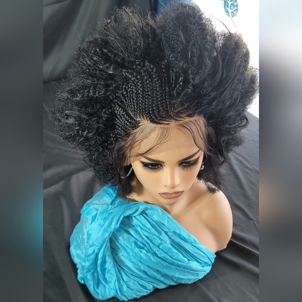 Braided Wig Short Afro Kinky Black Lace Front Glueless Baby Hair 4″ Handmade NWT