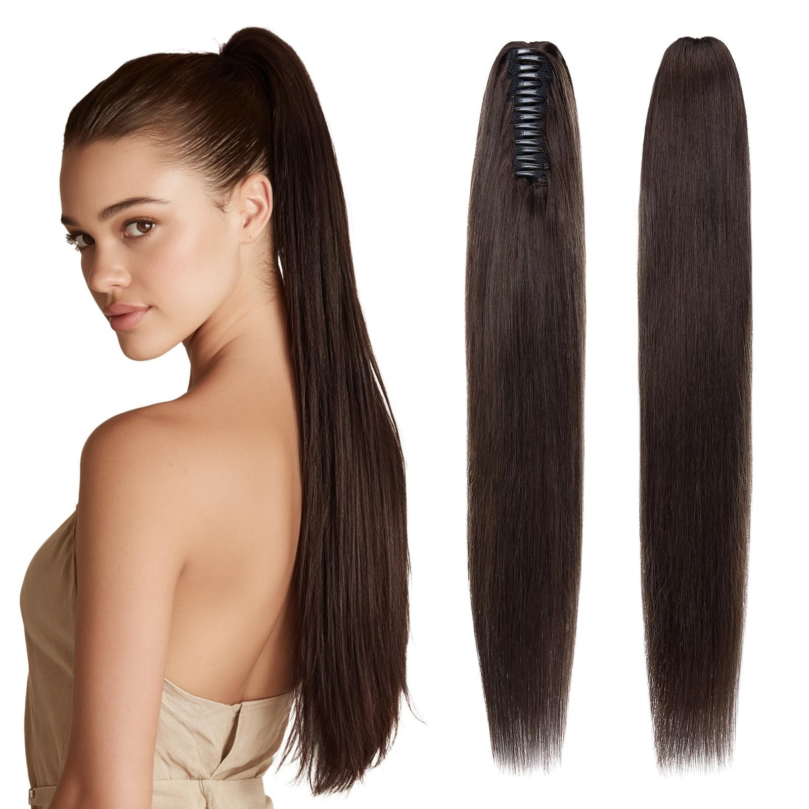 Human Hair Claw Clip Ponytail Extension 22″ 120g Dark Brown Clip-In for Women