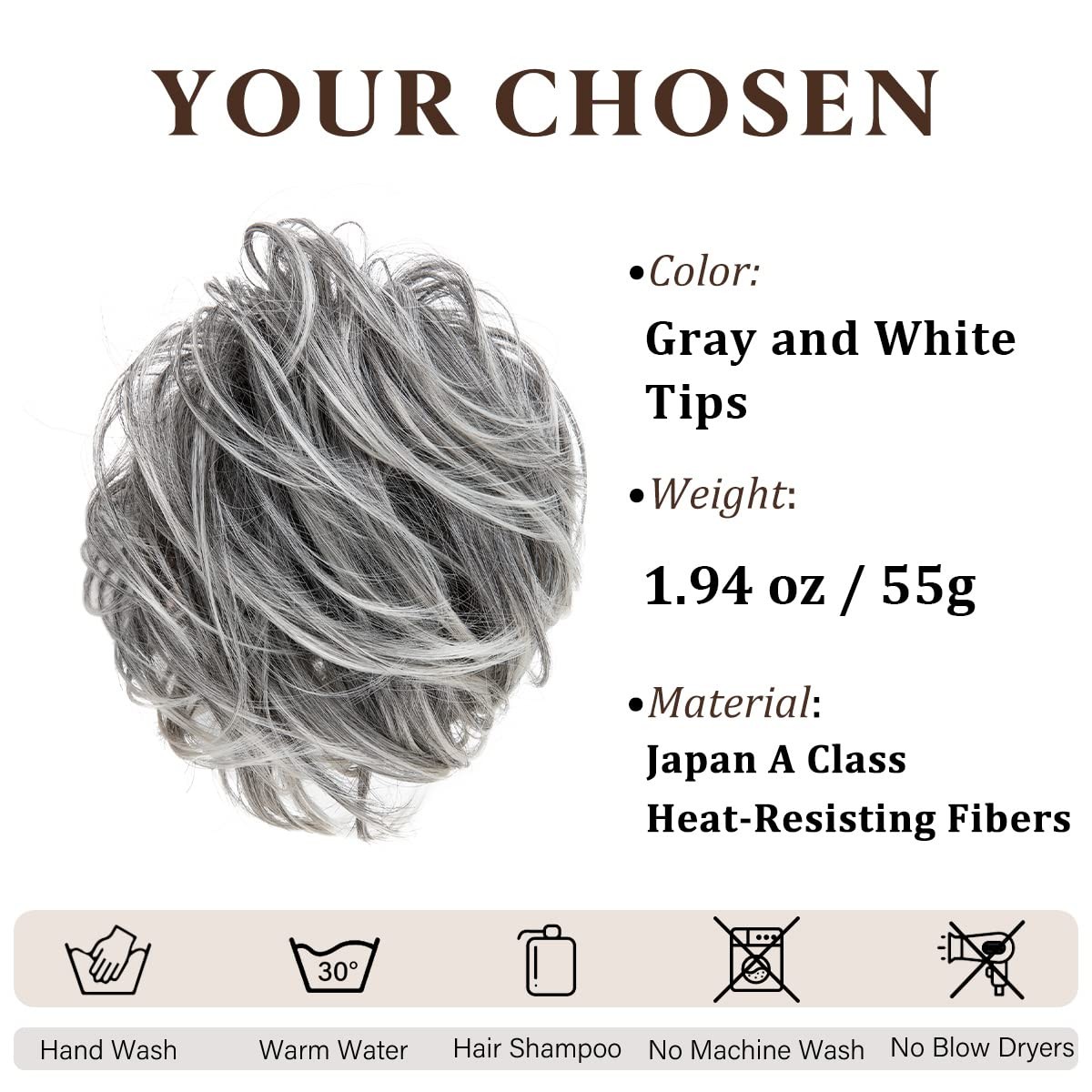 CJL HAIR Large Messy Bun Hair Piece Wavy Curly Scrunchies S-Salt and Pepper