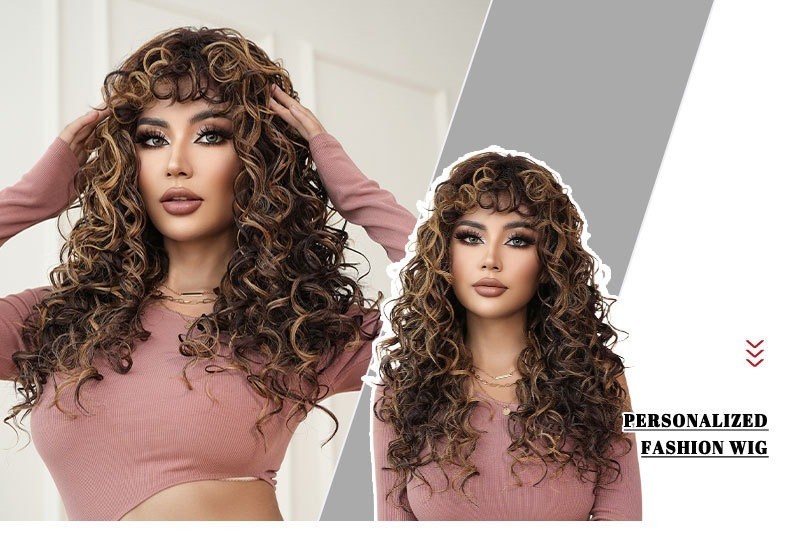 Brown Honey golden curly springy curly long hair with bangs synthetic fibers