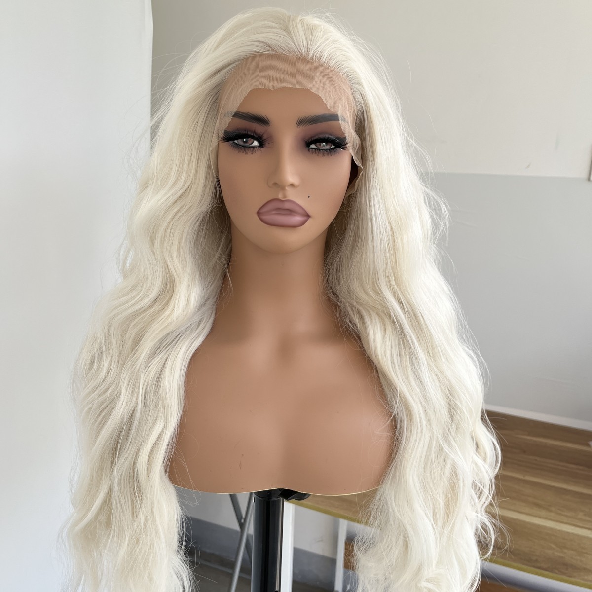 Synthetic Hair Platinum blonde Women Glue Less Lace Front Wig Long Wavy Layered