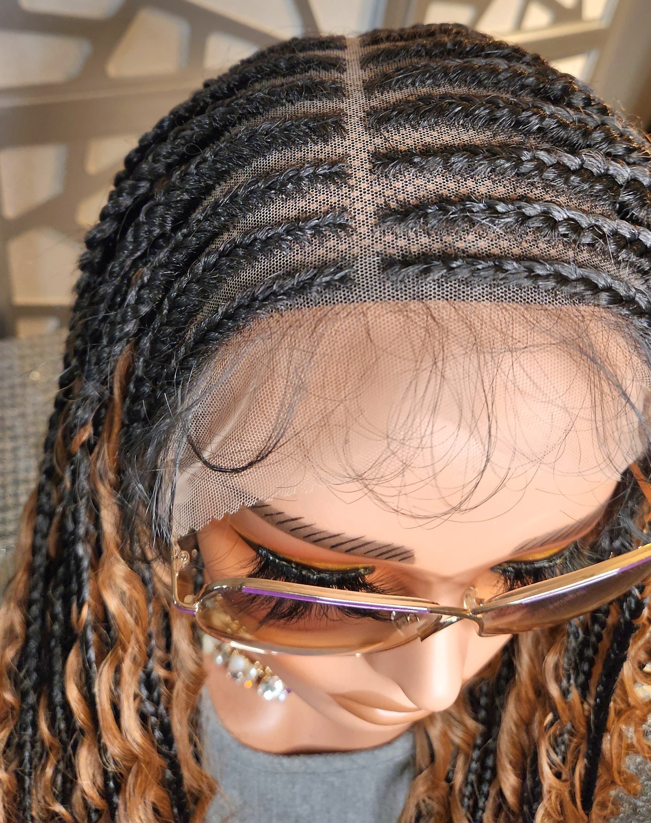 Boho Knotless Box Braids Wig 13×6 Lace Front Ombre Black Auburn Curly Ends