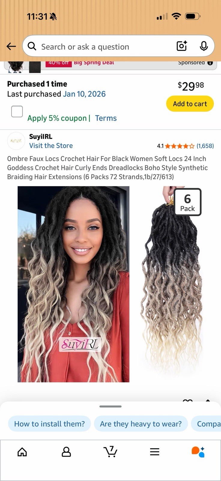SuyiRL Ombre Synthetic Crochet Dreadlocks Hair Extensions 24in Curly Ends Boho
