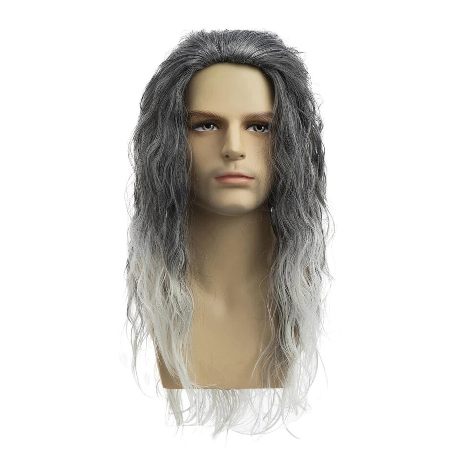 Baruisi Long Curly Wavy Grey Wigs for Men Synthetic Natural Party Halloween C
