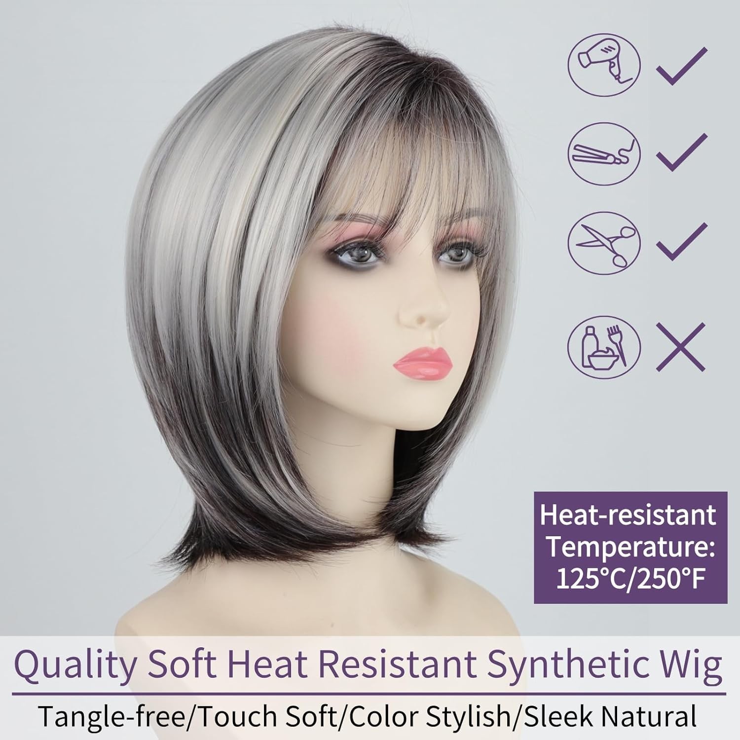 14″ Platinum with Brown Straight Bob Wig for Women Daily 167E418560