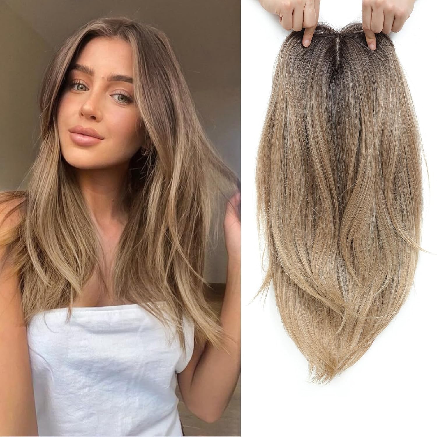 Ombre Brown Blonde Long Straight 18in Women Premium Hair Topper