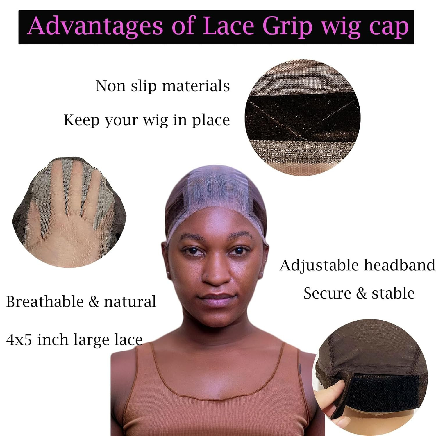 Lace Wig Grip Cap for Glueless Wig 4X5 Transparent Lace Reusable Wig Caps, Wi…