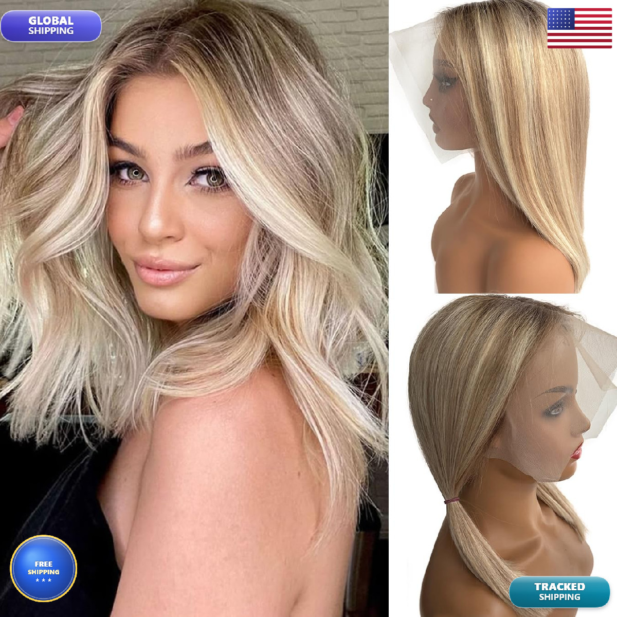 Smartinnov 13X6 Glueless Ombre Bob Wigs Human Hair Balayage Blonde Lace Front
