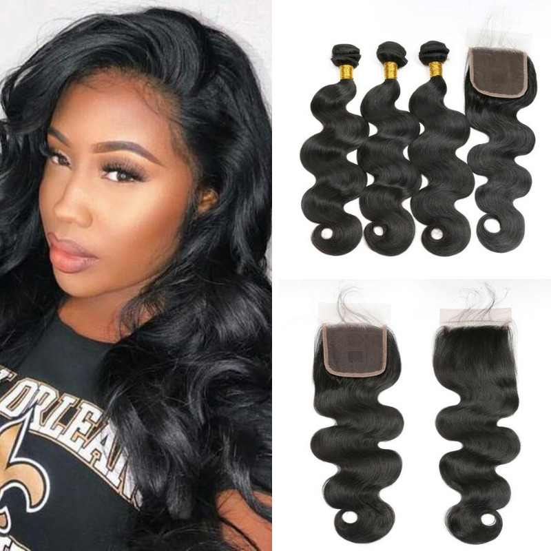 Ustar Virgin Human Hair Body Wave 3 Bundles with Free Part Lace Closure