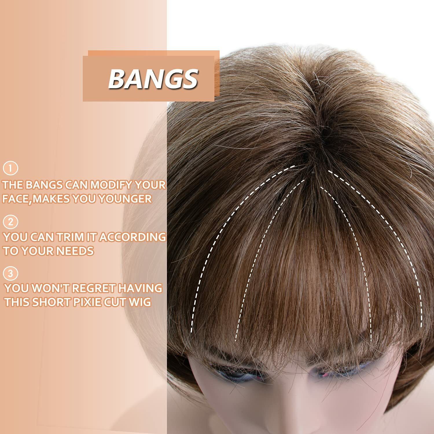 Short Dark Brown Mixed Blonde Highlight Pixie Cut Wigs with Bangs Synthetic Wigs