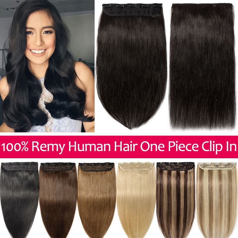 One Piece Thick Real Hair Extensions Clip In Human Hair Weft 3/4 Full Head Soft