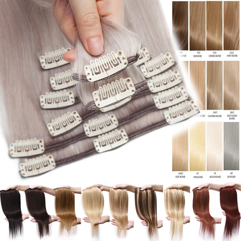 CLEARANCE #GREY Clip In Human Remy Hair Extensions 100% Real Hair Full Head 8pcs