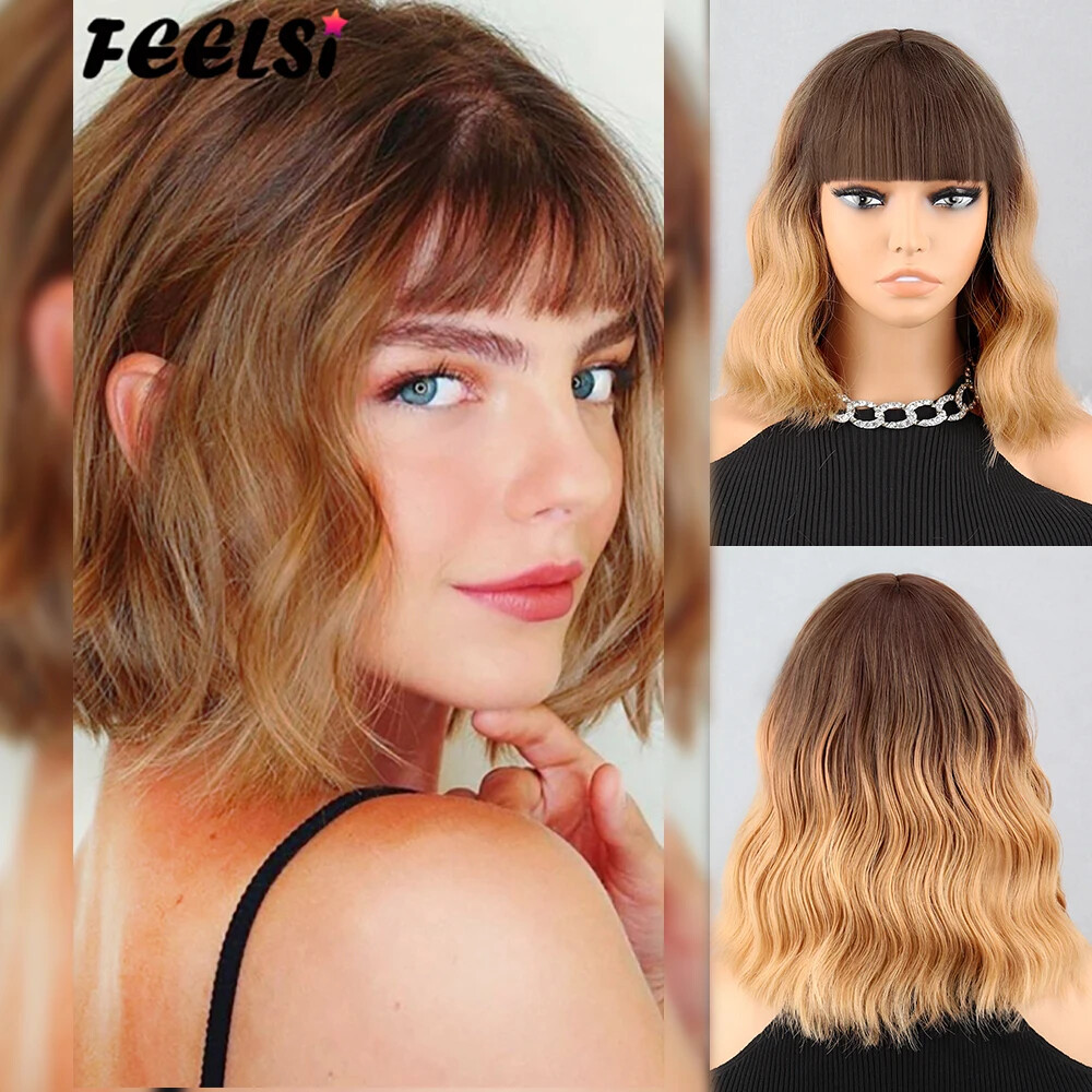 New Short Brown Synthetic Wig Women’s Bangs Dark Blue Pink Black Wig Party Use