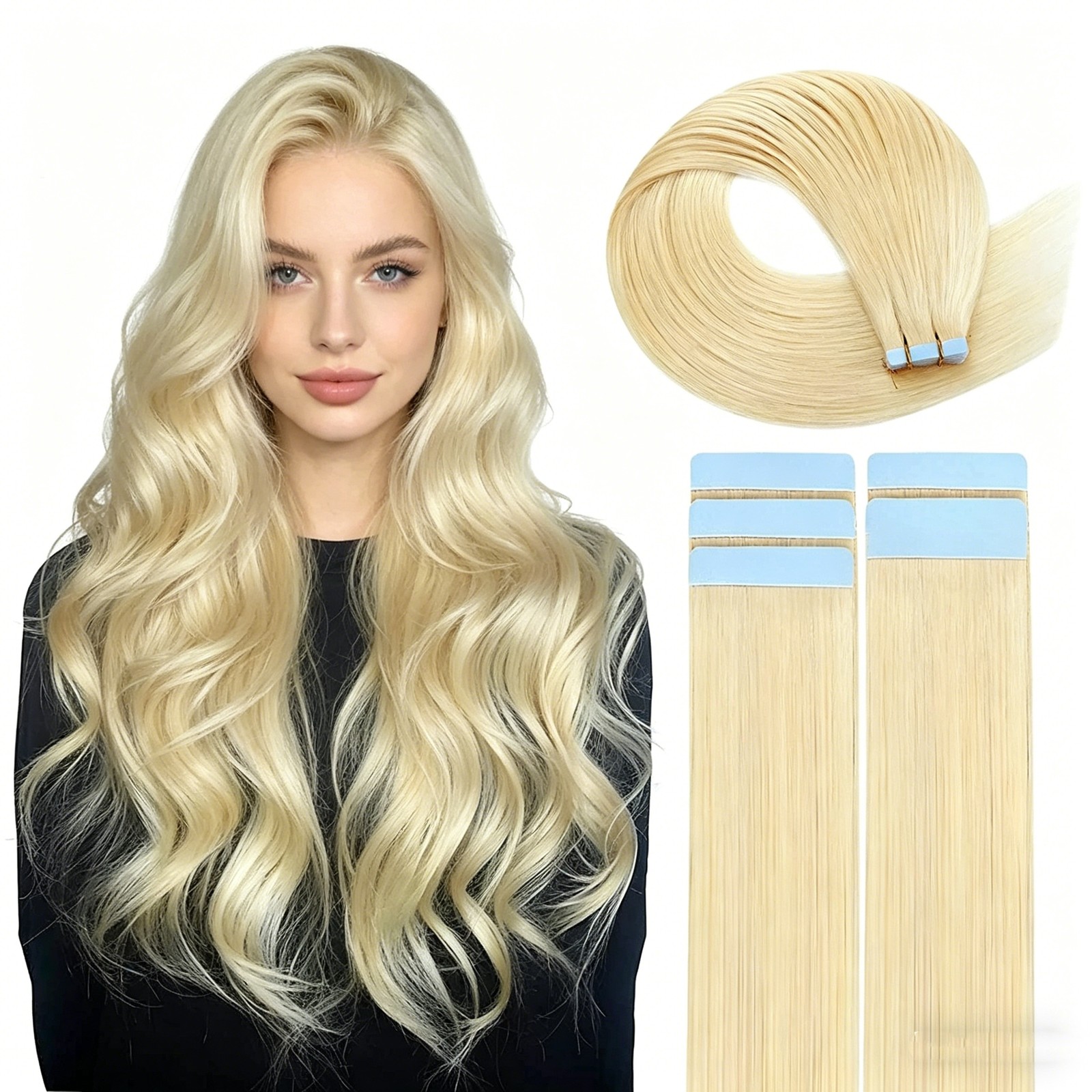 Tape in Human Hair Extensions 613 Light Blonde PU Skin Weft 20 inch 40pcs 100G