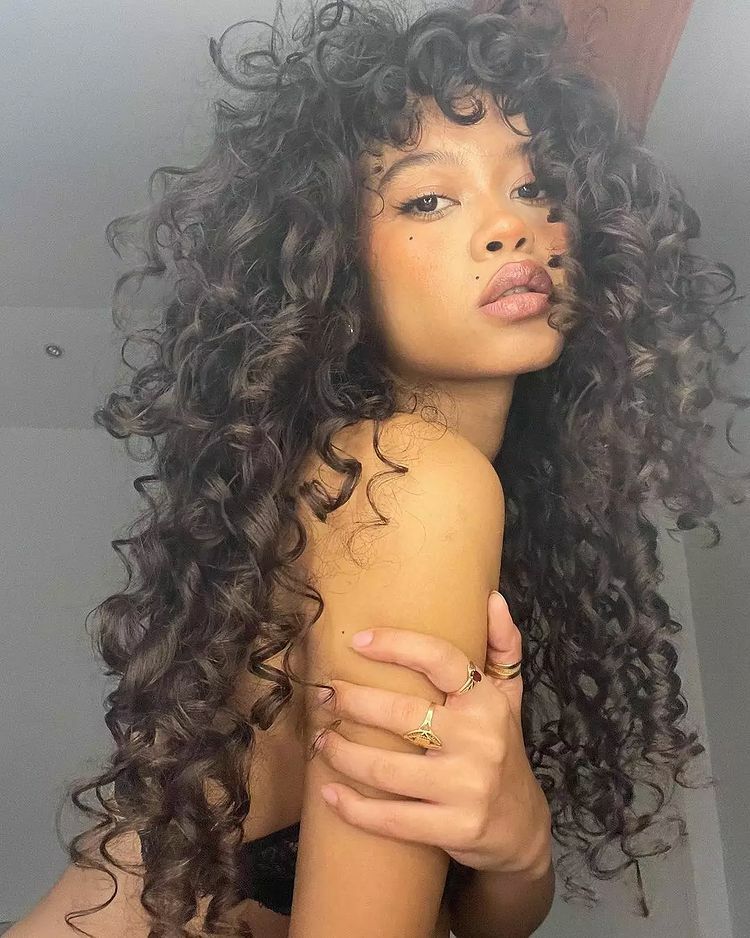 Long Black Deep Curly Wig With Bangs Human Hair Wig Natural Looking No Lace Wigs