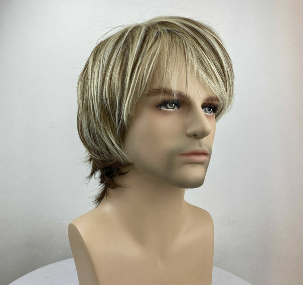 NEW Men Wig Light Blonde Mix Toupee Short Natural Capless Hair wigs+wig cap