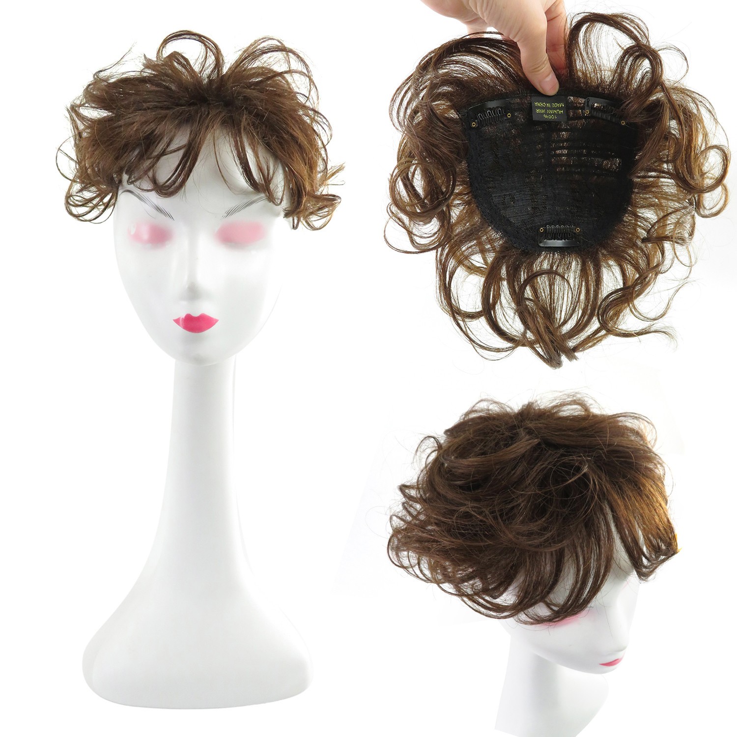 Short Curly Wavy Human Hair Topper Clip in Top Hairpiece Closure Replacement